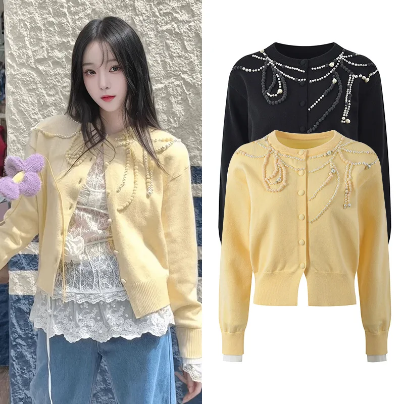 

Faionable ort Knitted Open Cardigan Pearl Chain Decorative Top Age-Defng Slimming Trendy Design for Women Autumn 2024