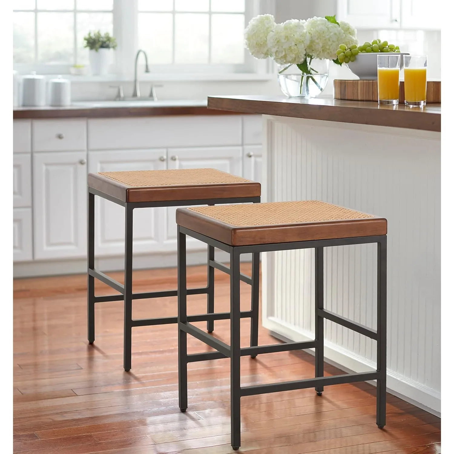 

Rattan Bar Stools Set of 2, Counter Height 24" Bar Stool Kitchen Backless Modern Barstools