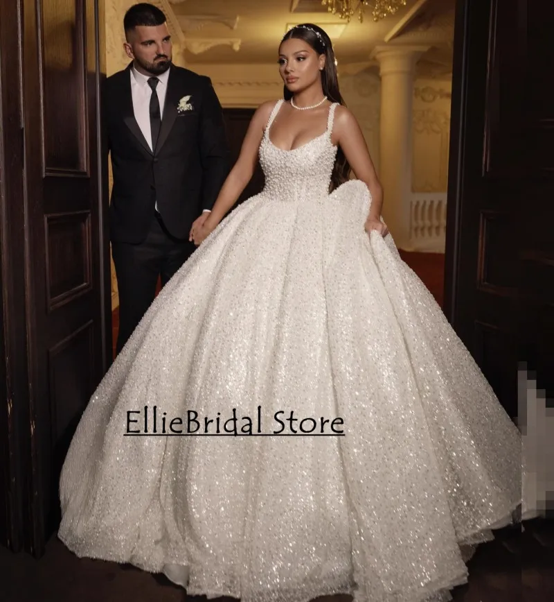 

Arabic Dubai luxury Wedding Dresses For Brides Spaghetti Straps Sequin Bridal Gowns Beading Vestido De Noiva 2024 Customized