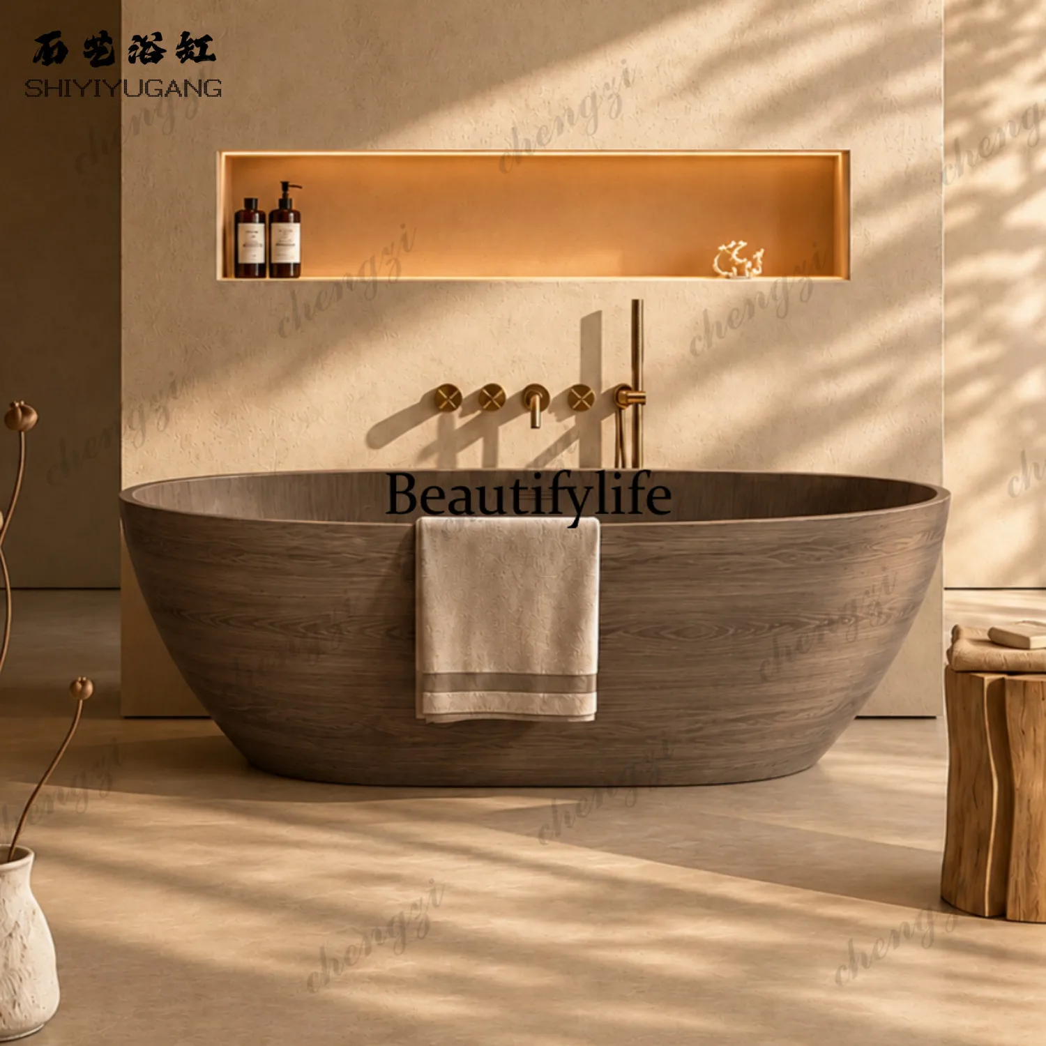 Walnut Oval Qimei Stone Artificial Stone Bathtub Home Bed and Breakfast Art Integrated Detached Bath