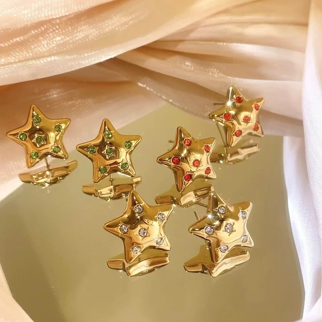 CARLIDANA Classic Stainless Steel Stars Colorful Rhinestone Stud Earrings for Women Waterproof Ear Accessories Fashion Jewelry