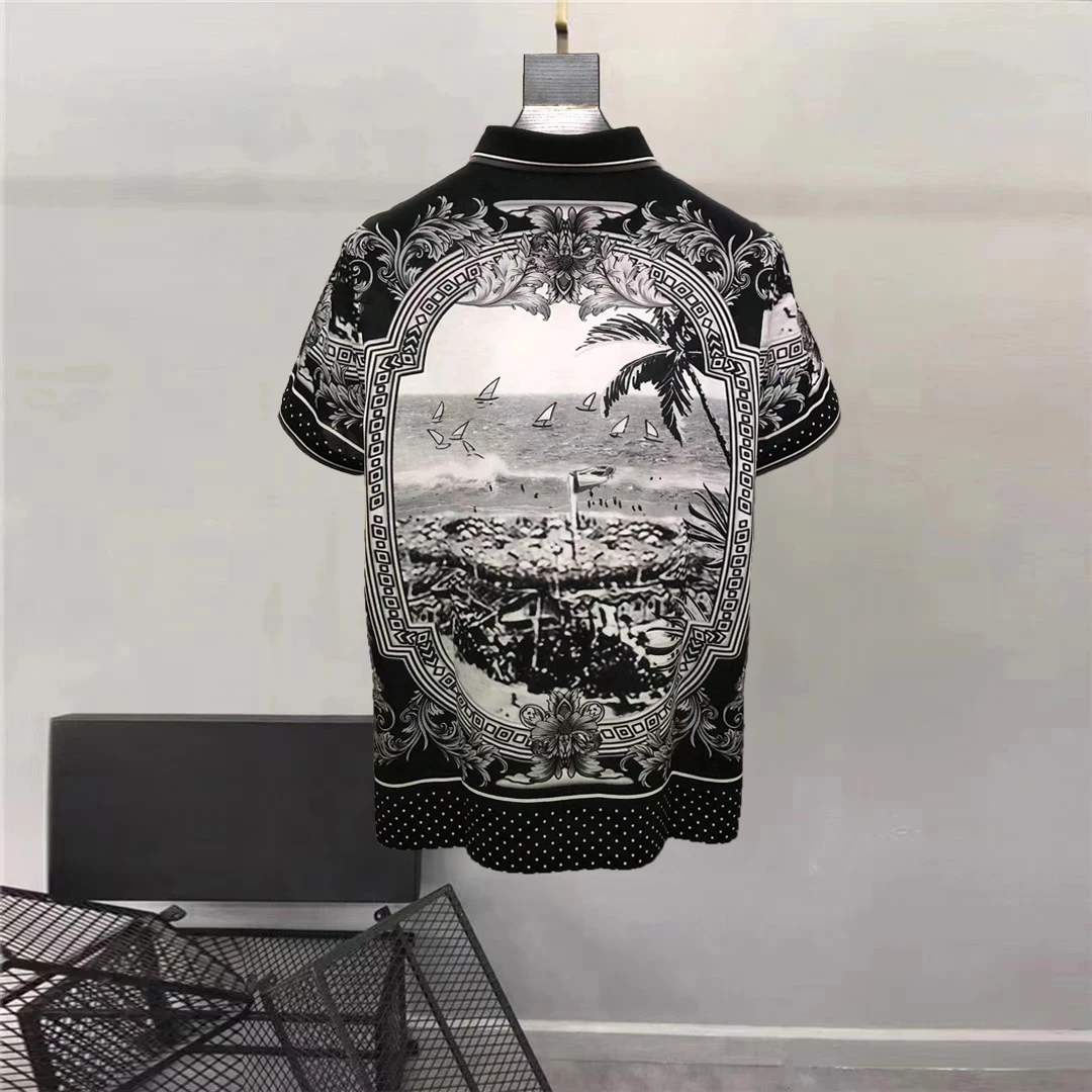 Europe and the United States men's 2024 summer new lapel Short sleeve palace seascape print fashion Casual T-shirt