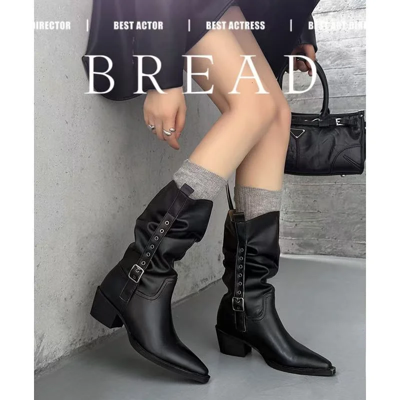 2026 autumn winter women ankle boots 22-25cm brush color cow suede/cowhide square toe belt buckle western boots Pile up boots