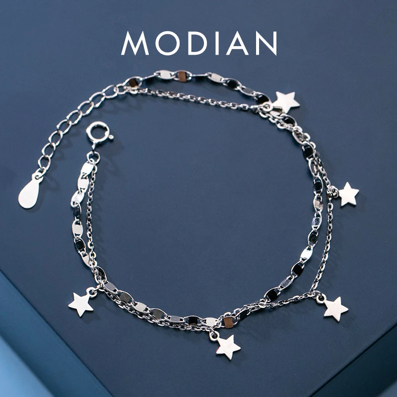 

Женский браслет-цепочка Modian, изящное Ювелирное Украшение из стерлингового серебра 925 пробы с геометрическими блестками и звездами, двойной браслет-цепочка