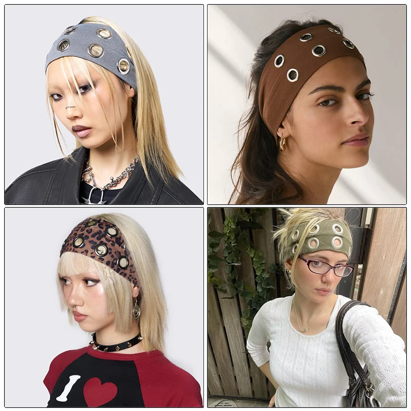 AWAYTR Punk Girl Hollowed Wide Elastic Grommet Headband Stretchy Metal Rock Steampunk for Sports Headbands Hair Accessories