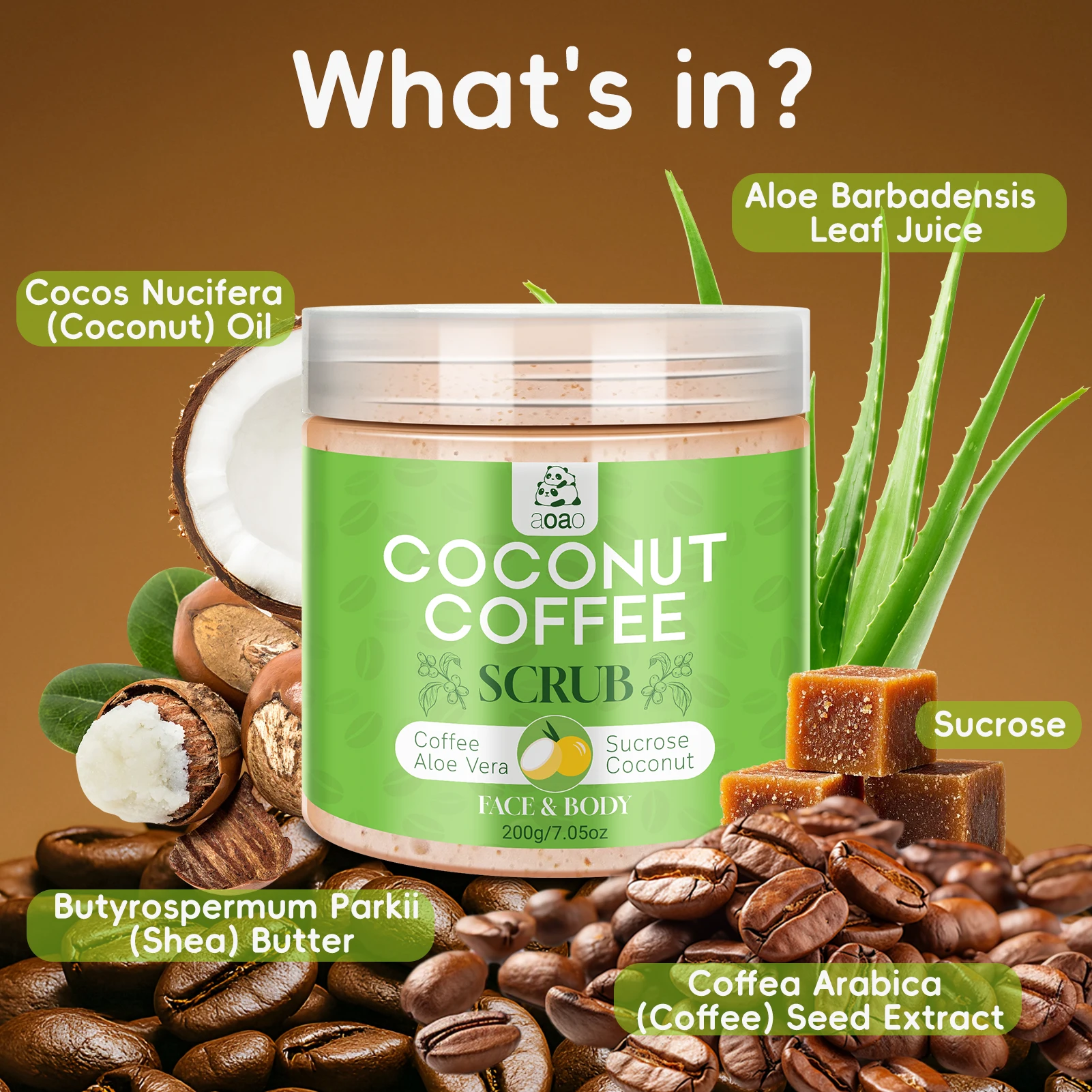 Exfoliante corporal de café con sacarosa, coco, manteca de aloe y karité Exfoliante suave para rostro y cuerpo
