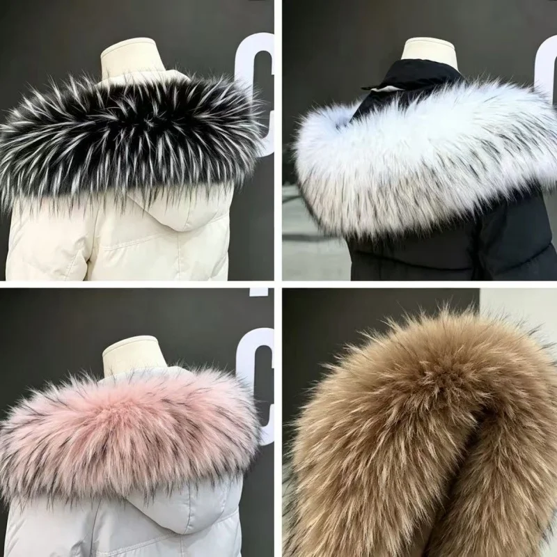 Raccoon Fur Collar for Women Winter Coat Hood Decor Plush Faux Fur Collars Warm Coat Shawl Jacket Fluffy Fur Scarf Neck Warmers