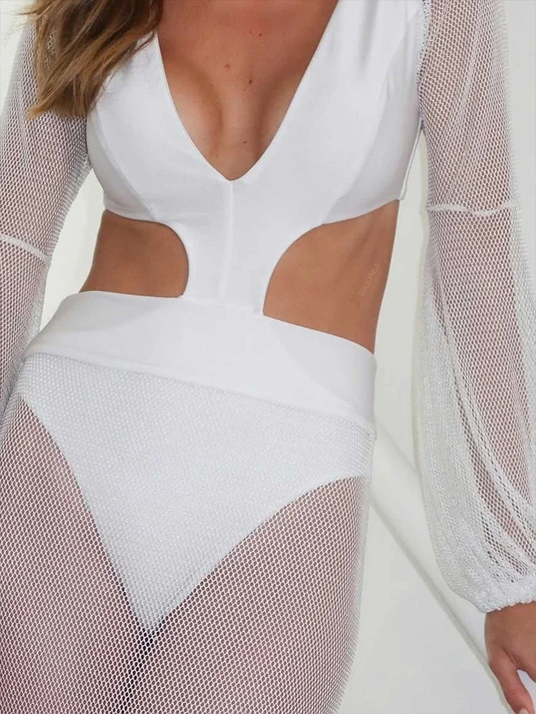 Conjuntos de trajes de baño de una pieza con falda larga para mujer, traje de baño de manga larga, Vestido de playa blanco, trajes elegantes de resort S208
