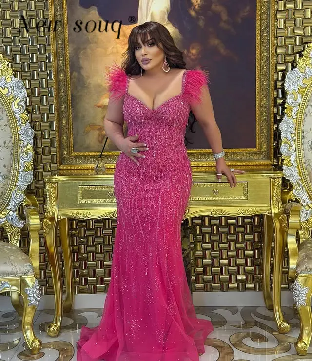 

Ярко-розовое вечернее платье с перьями и тонкими бретелями, длинное платье-русалка на заказ, вечерние платья с кристаллами для знаменитостей, большие размеры