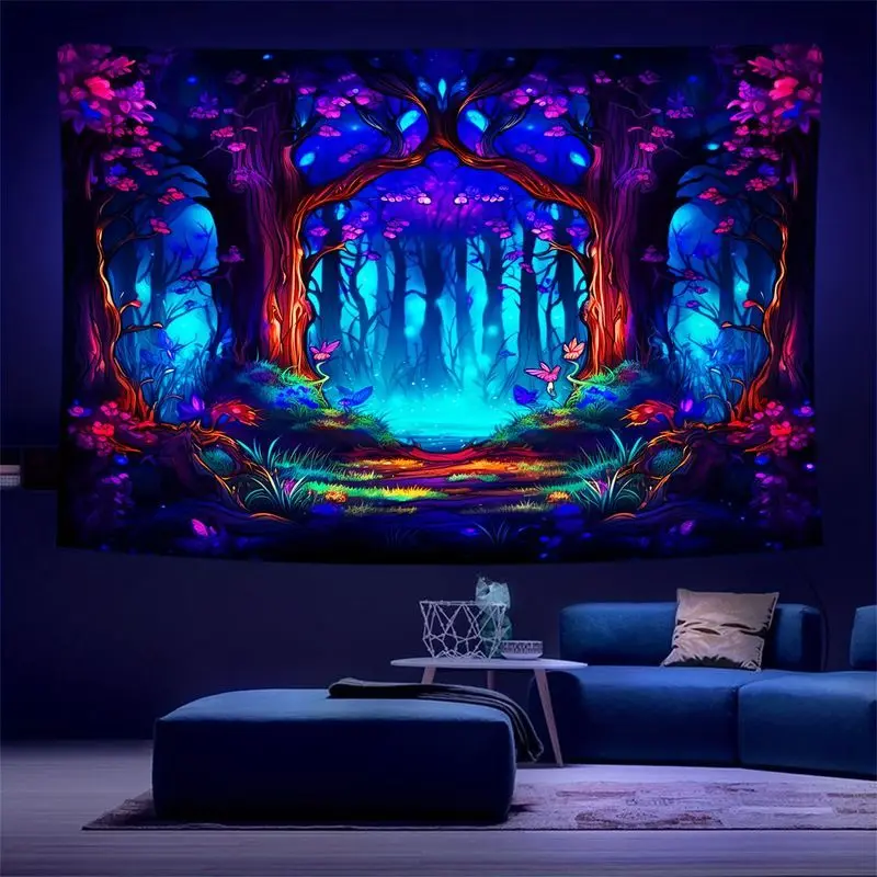 VIKAMA Fantasy Forest Fluorescent Tapestry, Bedroom Dormitory Esports Room Wall Hanging, Glow in Dark Wall Decor