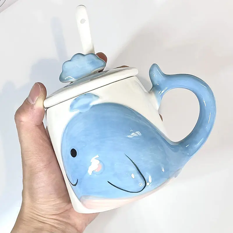 Creative and Cute Whale Water Cup Simple Cartoon Mug Couple Large Capacity Cup High Beauty Value Spoon with Lid