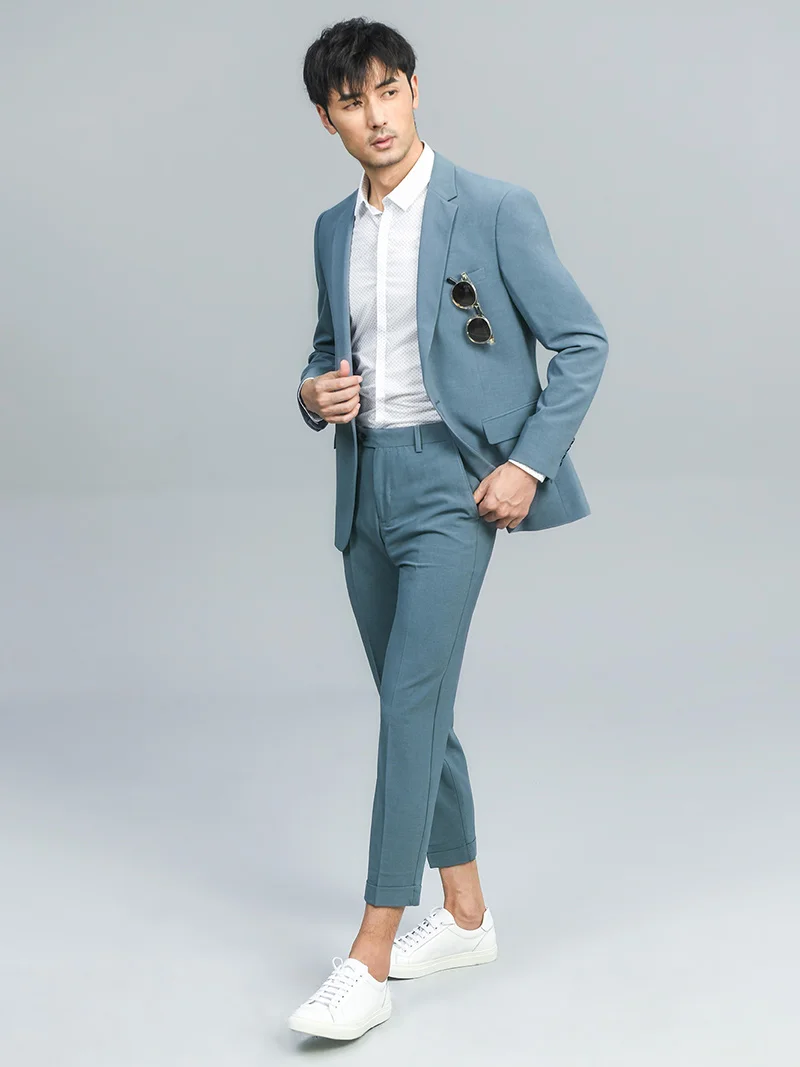 

Men Suits Set Single One Button Blue Leisure Slim Fit Fashion Luxury Wedding Groom Wear Businessman Daily Clothing Blazer Pant