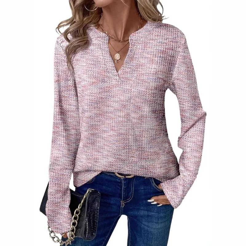 Women Notch V Neck Heather Wfle Knit Loose Long Sleeve Casual Blouse Top