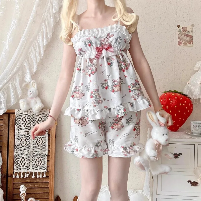 Kawaii Cute Lolita Style Strap Pajamas Women Sweet Ruffles Bow Bunny Flower Print Nightgowns Mini Dresses Girls Y2k Sleepshirts