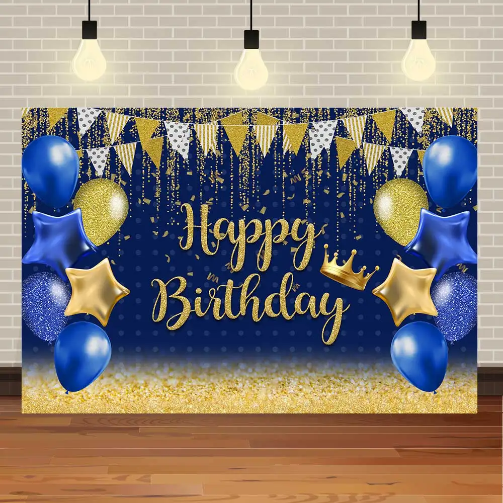 SeekPro Birthday Party Golden Silver Blue Glitter Adult Balloon Baby Crown Champagnes Banner Backdrop Photography Background