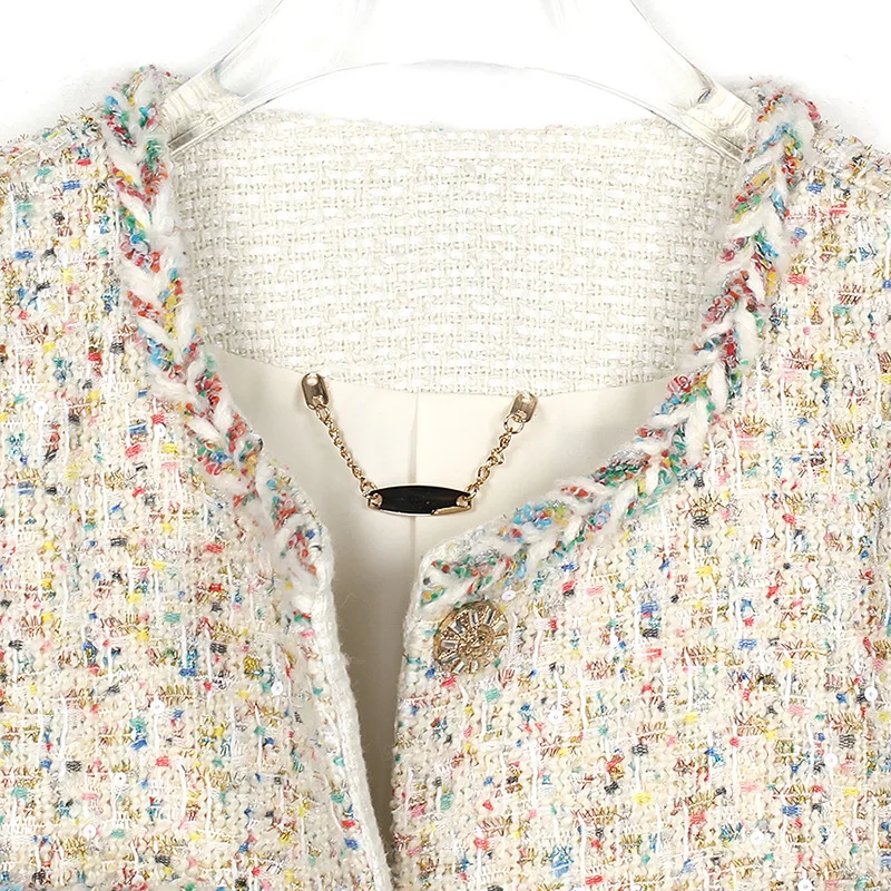 High Quality Woven Colored Woolen Short Coat Women Fashionable Light Luxury Long Sleeved Small Fragrant French Tweed Coat