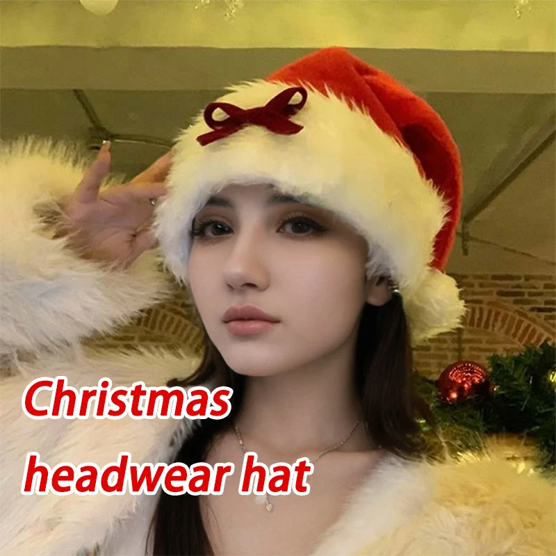 Christmas new  red and black bow Santa hat  sweet cool hats for winter girls  Christmas red plush thermal hat  headwear hat