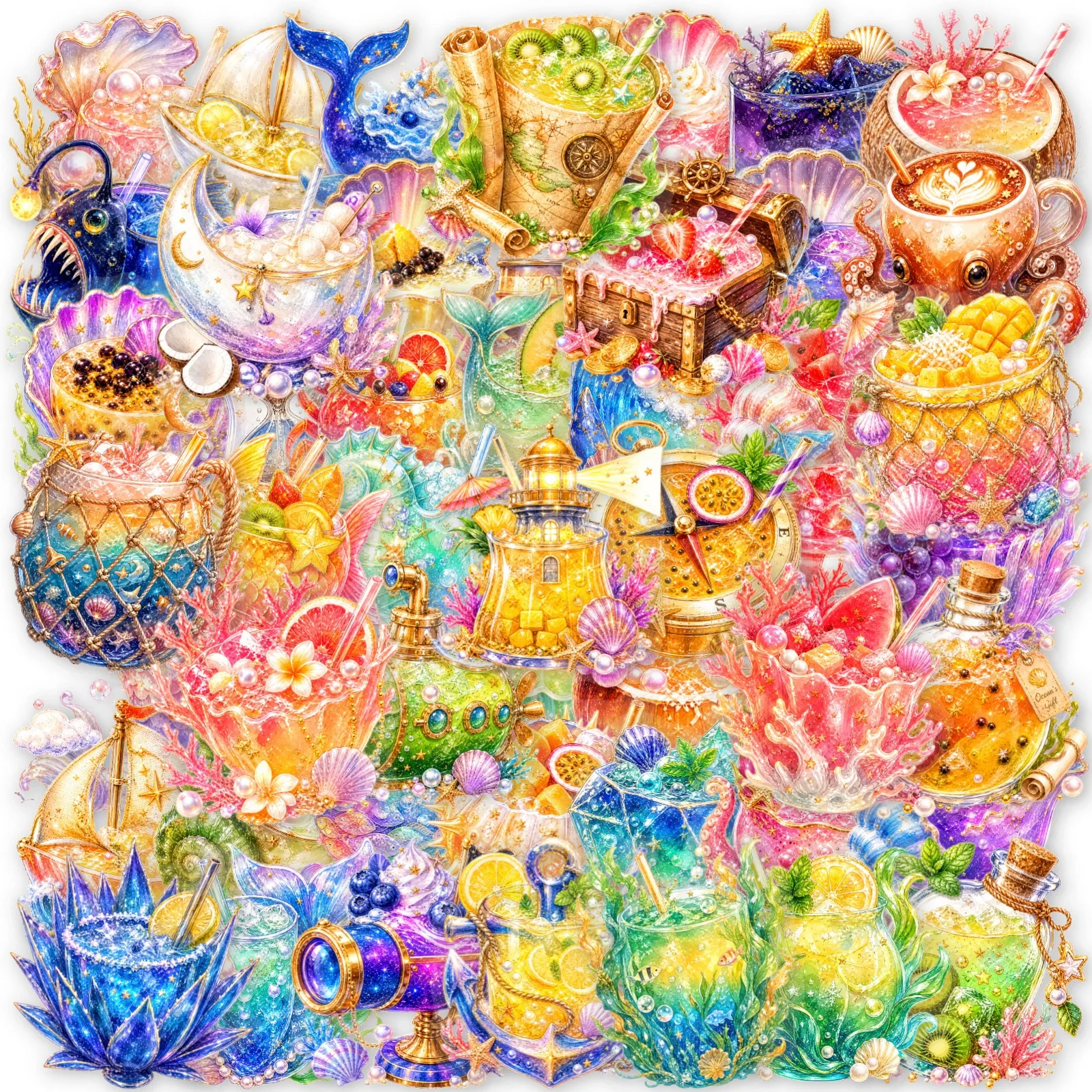 30/50 Sheets Watercolor Dreamy Ocean Shell & Underwater Cocktail Transparent PET Journal Decor Stickers