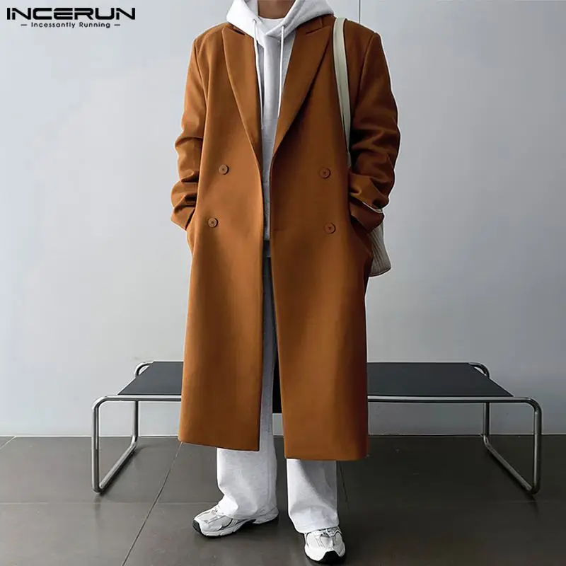 INCERUN Men Coats Solid Lapel Long Sleeve Double Breasted Casual Male Overcoats Streetwear 2024 Fashion Long Style Coats S-5XL