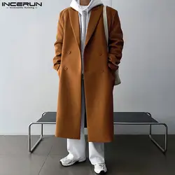 INCERUN Men Coats Solid Lapel Long Sleeve Double Breasted Casual Male Overcoats Streetwear 2024 Fashion Long Style Coats S-5XL