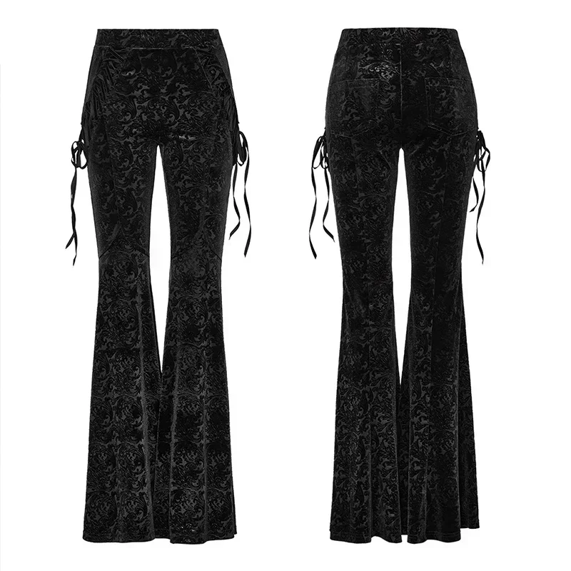 Pantaloni a zampa di velluto Jacquard con struttura scura gotica da donna PUNK RAVE pantaloni neri personalizzati con coulisse in pizzo