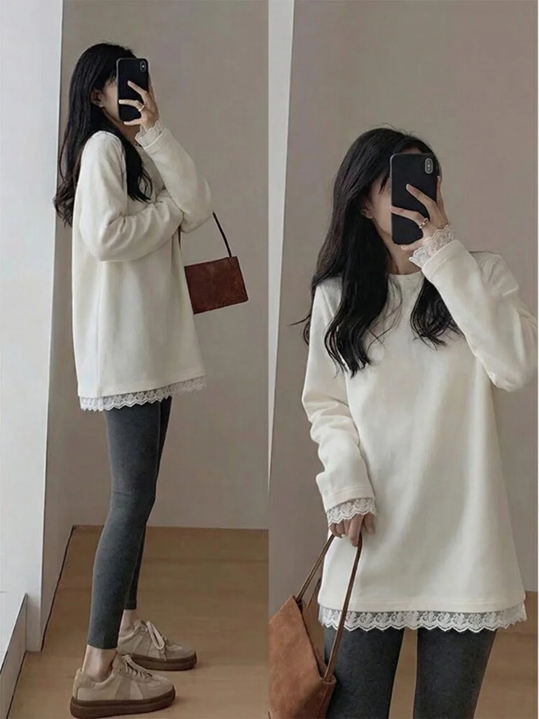 White Fleece Long Sleeve Mid-Length Lace Splice Loose Women's T-Shirt Autumn Winter Versatile Butt Covering Inner Wear Top