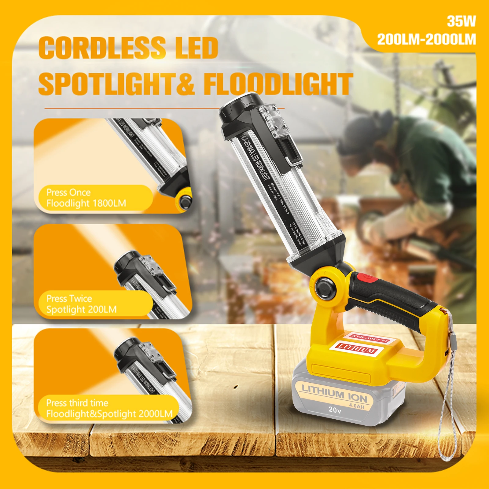2000LM LED Work Light for Dewalt 20V Lithium-ion Battery Portable Light Horizontal Down Light Outdoor Handheld Flashlight 35W