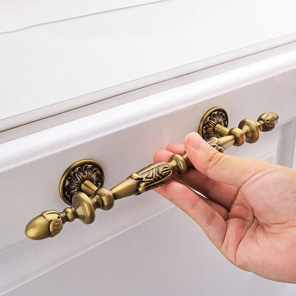 American Retro Luxury Handle Cabinet Door Handle Brass Carved Handle Wardrobe Cabinet Double Hole Handle