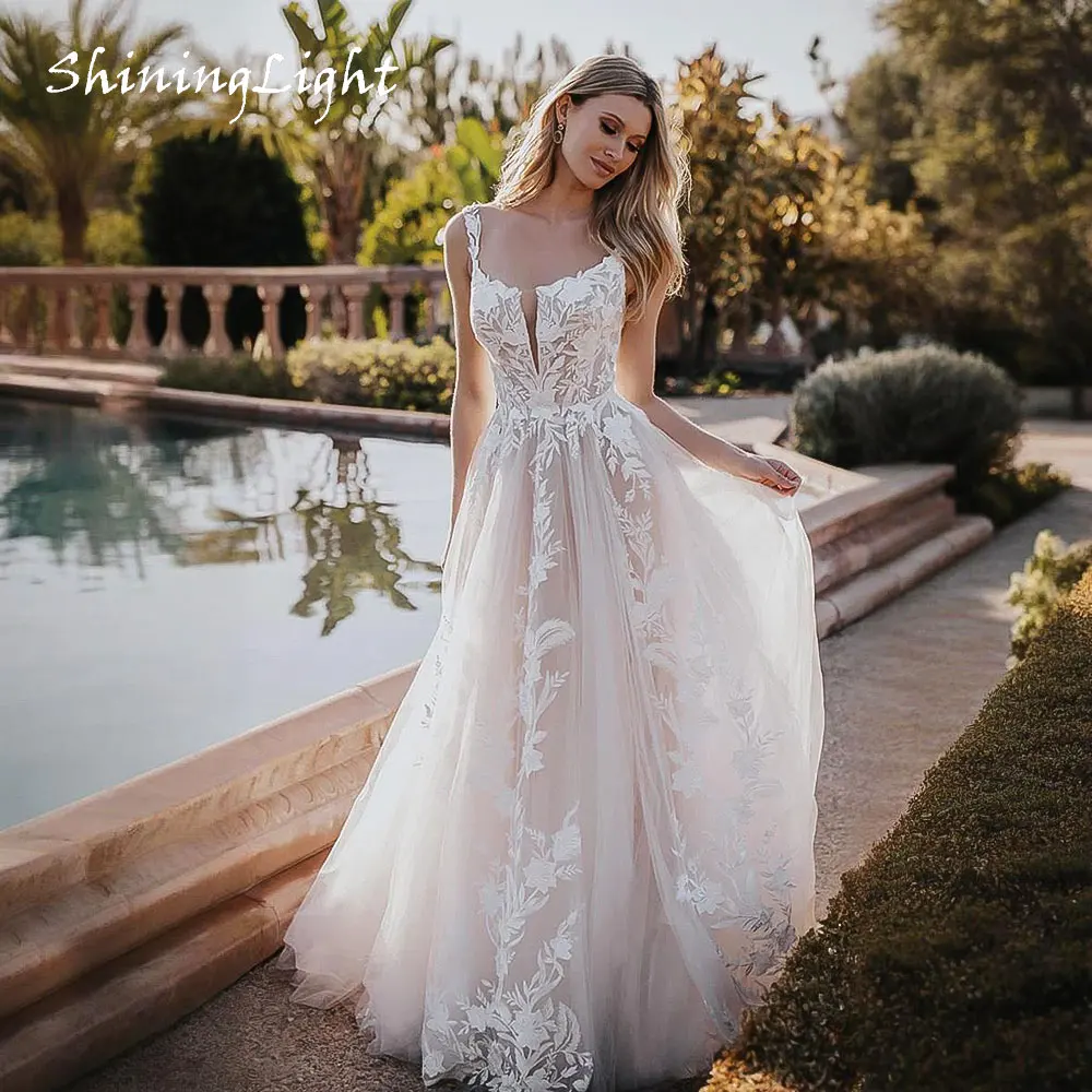 

ShiningLight Vintage Floral Lace Wedding Dress for Women Appliques Champagne Lining A-Line Boho Bridal Dress Backless Customized