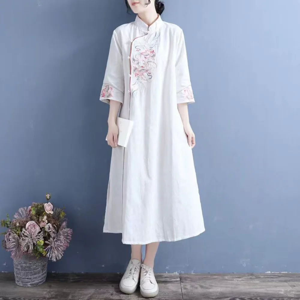 2023 Daily Cheongsam Girl Spring Summer New Small Fresh Cotton And Linen Long Female Slim Embroidery Qipao Natural Real Women