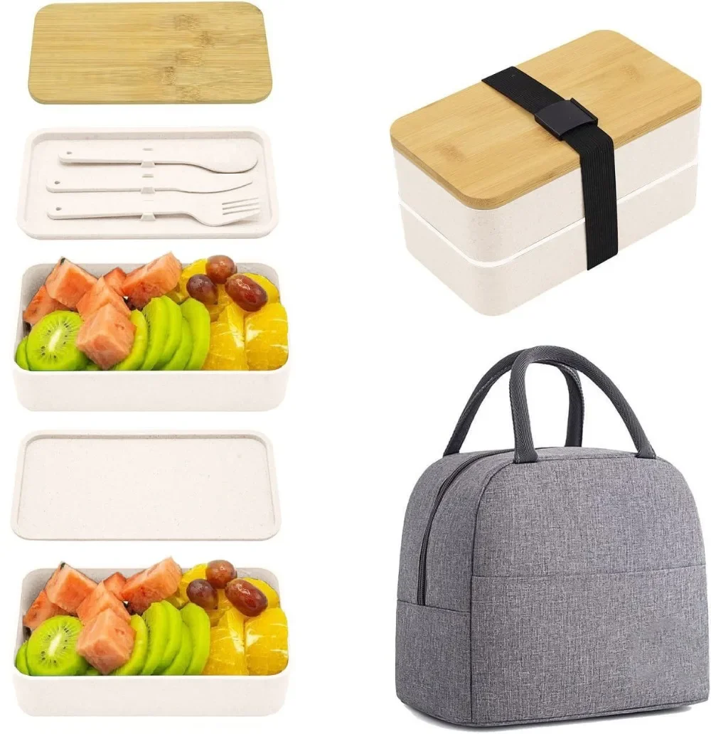 Bento-Lunchbox für Erwachsene, 2-stufiges Aufbewahrungsbehälter-Set für Lebensmittel mit Besteck für Kinder/Kinder, zerkleinerer, mikrowellengeeignet und spülmaschinenfest – Detail 9