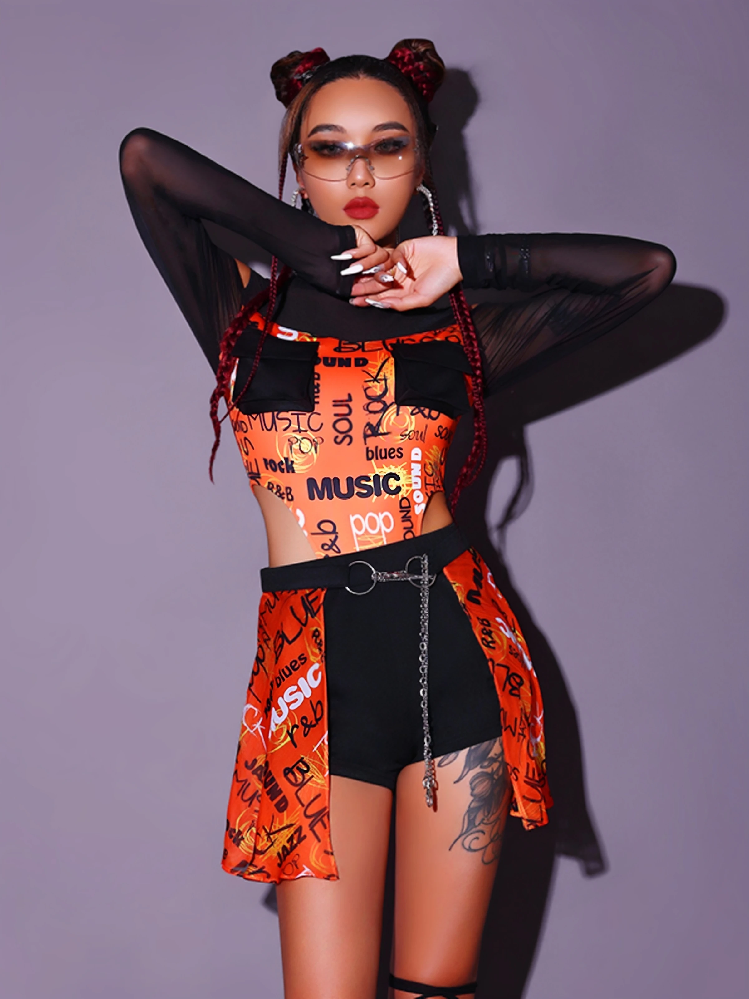 Adult Jazz Dance Outfit Kpop Performance Costume Streetwear Practice Uniform Female Group Show Costume Roman Cloth Fabric