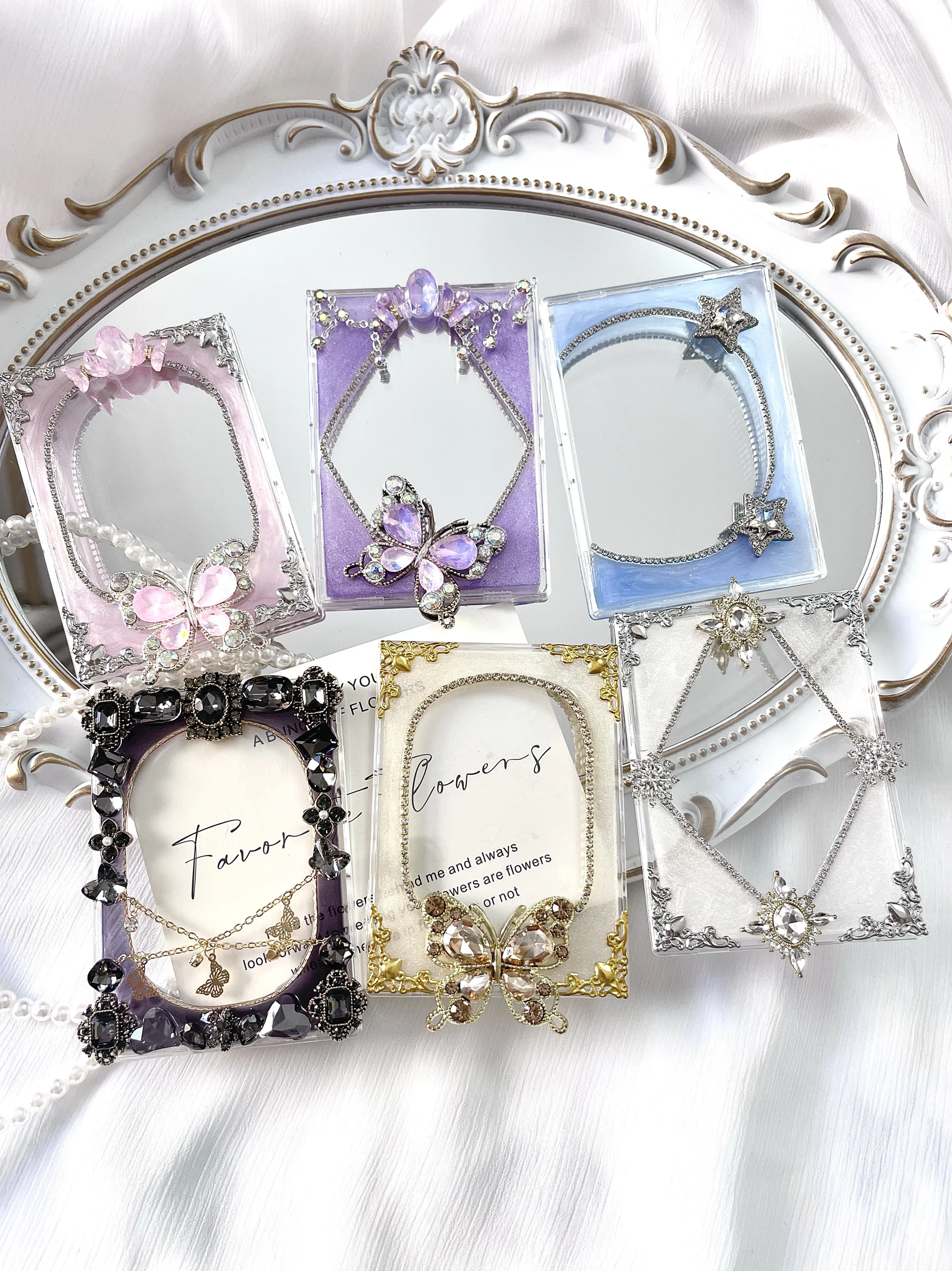 

Luxury Diamond & Butterfly Kpop Photocard Frame, Clear Glittering Silver 3" Acrylic Card Protector, Hard Holder Display Stand