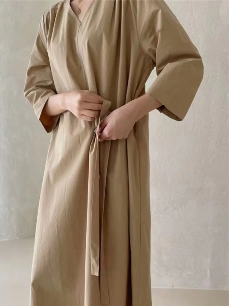 Chique losse afslankende zevenkwart Sve Dr dames lente V-Ne stropdas casual irt lange Dr Koreaanse Sle vrijetijdskleding