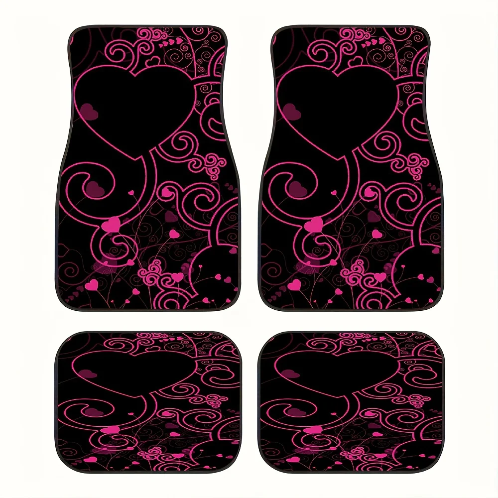 4pcs Romantic Pink Heart & Swirl Pattern Car Mats Set - Universal Fit, -Slip Protection & Dustproof Front/Rear Floor Mats For Va