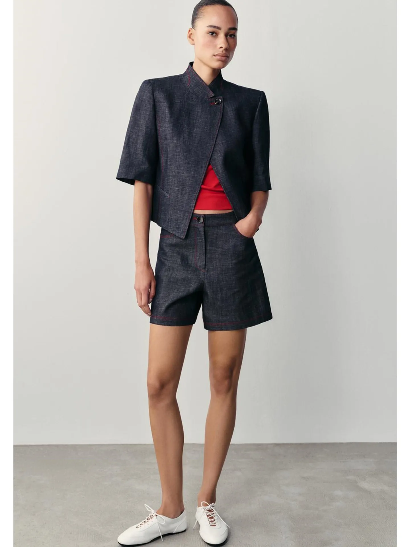 Shoulder Pad Short Sleeve Stand Collar Color Block Suit Jacket Casual High Waist Shorts Set Women's Fashion Autumn Outfit
