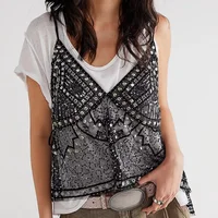 Camiseta sin mangas de malla con lentejuelas y remaches Y2K para mujer, Top corto con cuello en V y cuentas, camisola brillante sin mangas con espalda descubierta y purpurina