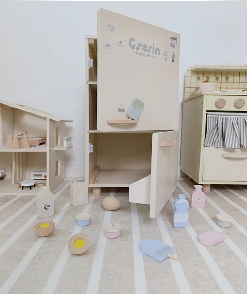 50cm High Quality Wooden Simulate Refrigerator ice-cream milk egg fruit juice STICKER Play house Interactive Toys baby girl gift