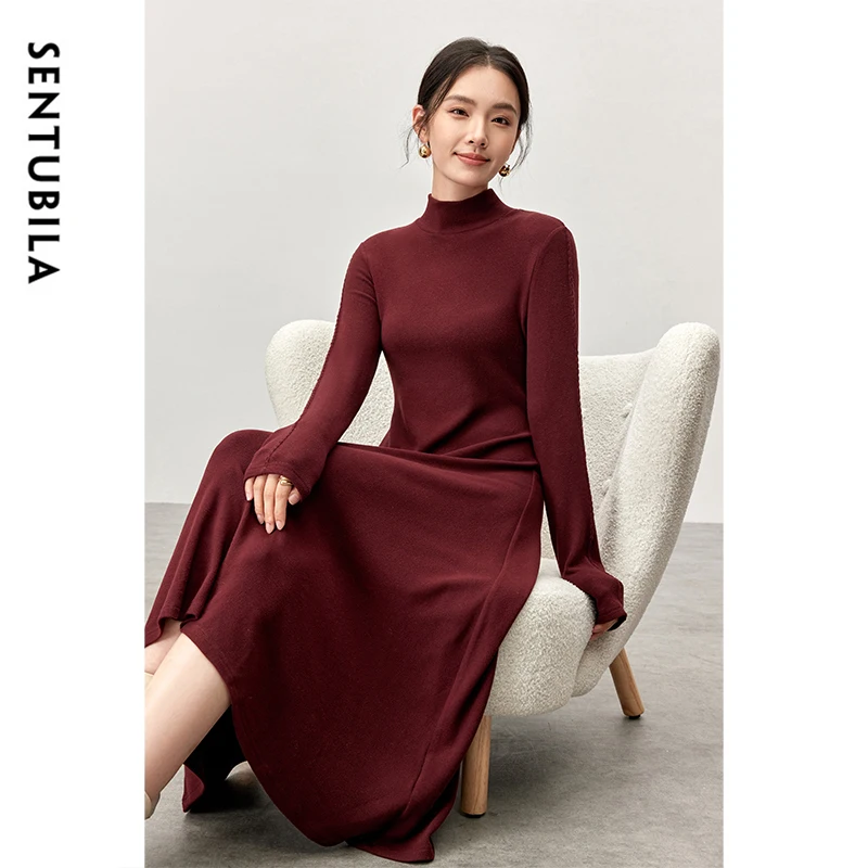 SENTUBILA Luxury Knitted Dresses for Women 2024 Autumn Winter Embroidery High Collar Long Sleeve Solid Dress Ladies 144L57405