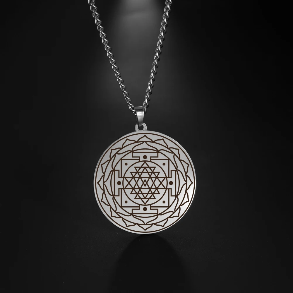 LIKGREAT Sri Yantra Mandala Pendant Necklace Stainless Steel Women Men Chakra Yoga Sacred Geometry Meditation Spiritual Jewelry