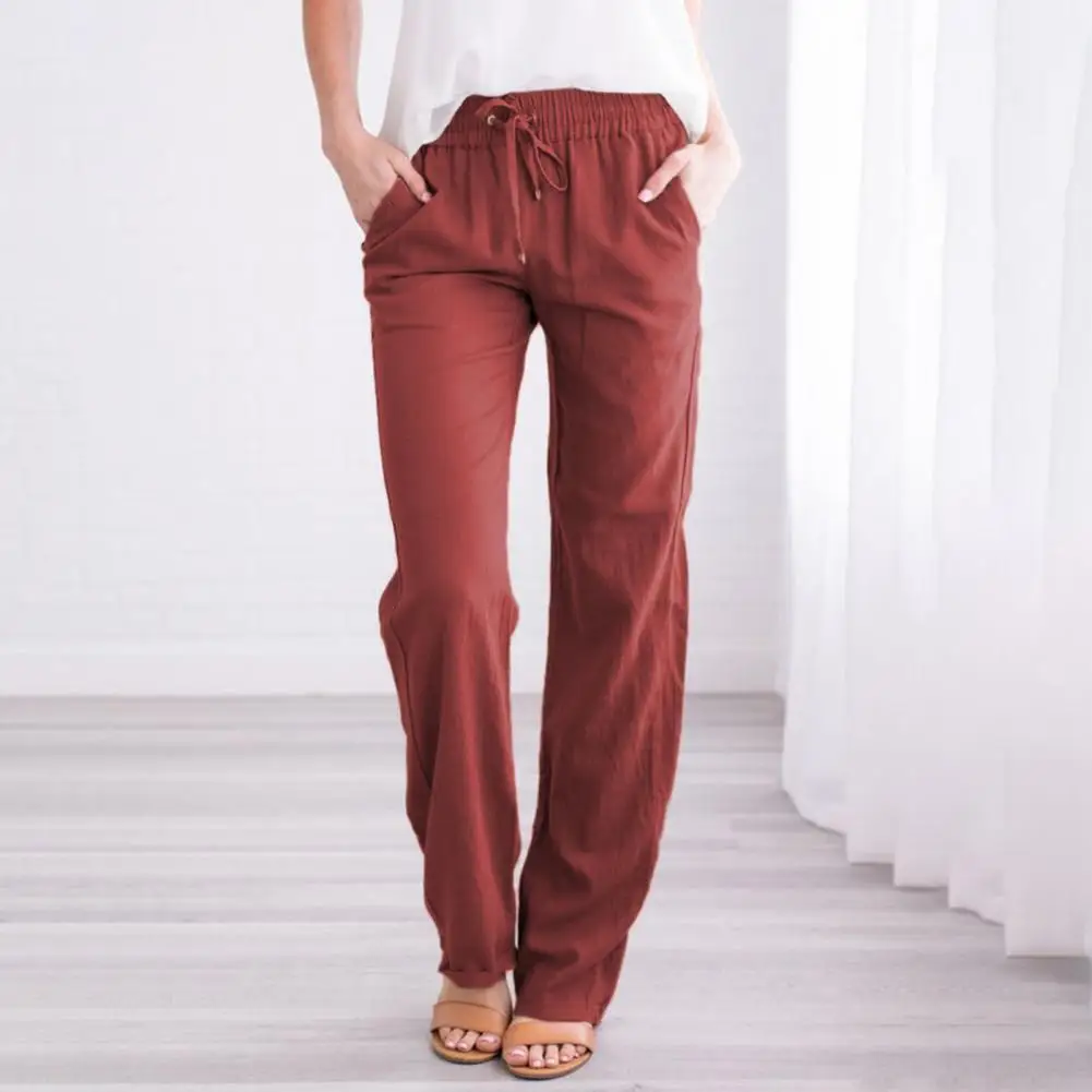 Women Casual Pants Elastic Drawstring Waist Long Pants with Pockets Solid Color Loose Fit Wide Leg Trousers Charming Pants