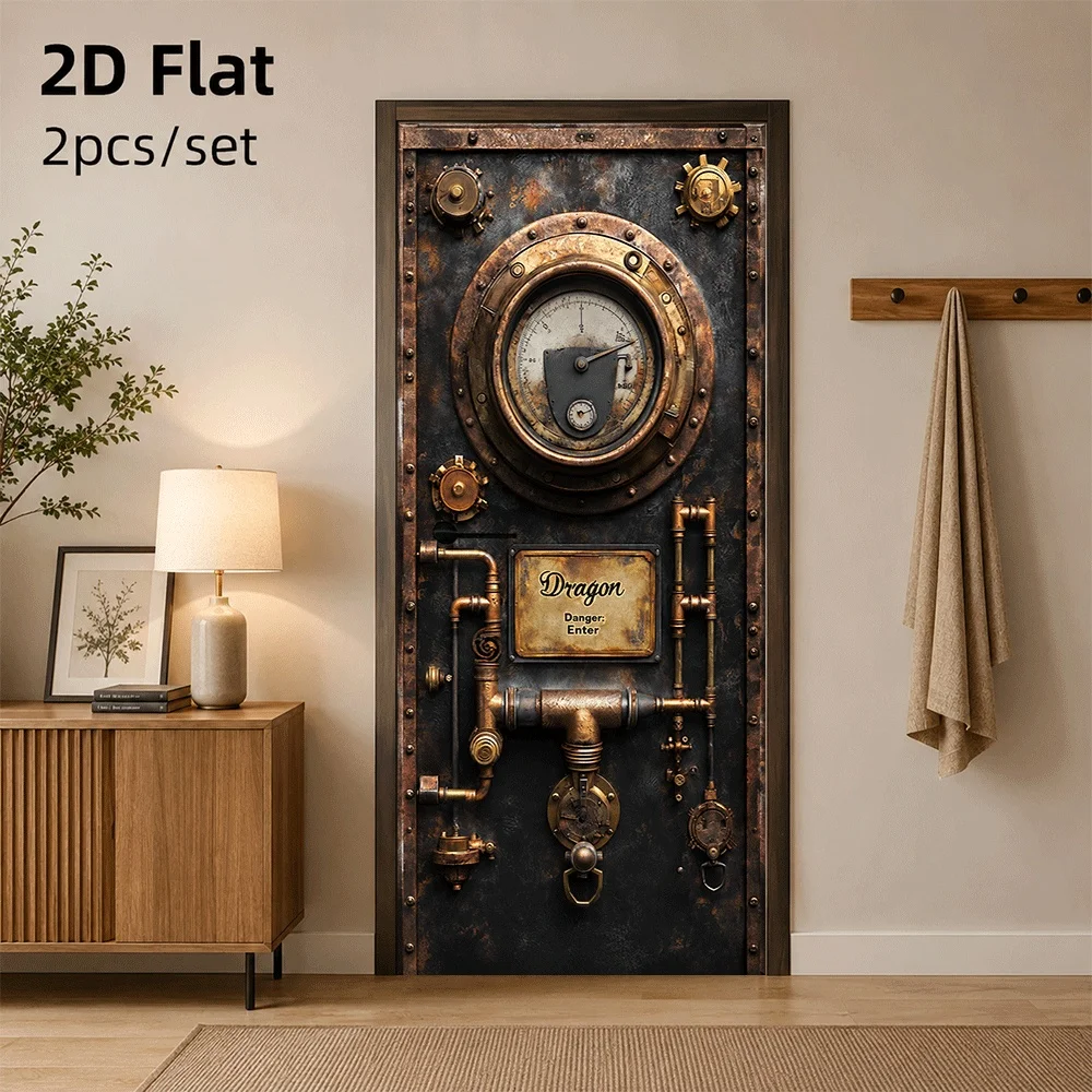 1 piece of retro steampunk style dragon themed door sticker with metal texture gear instrument decoration 2D flat