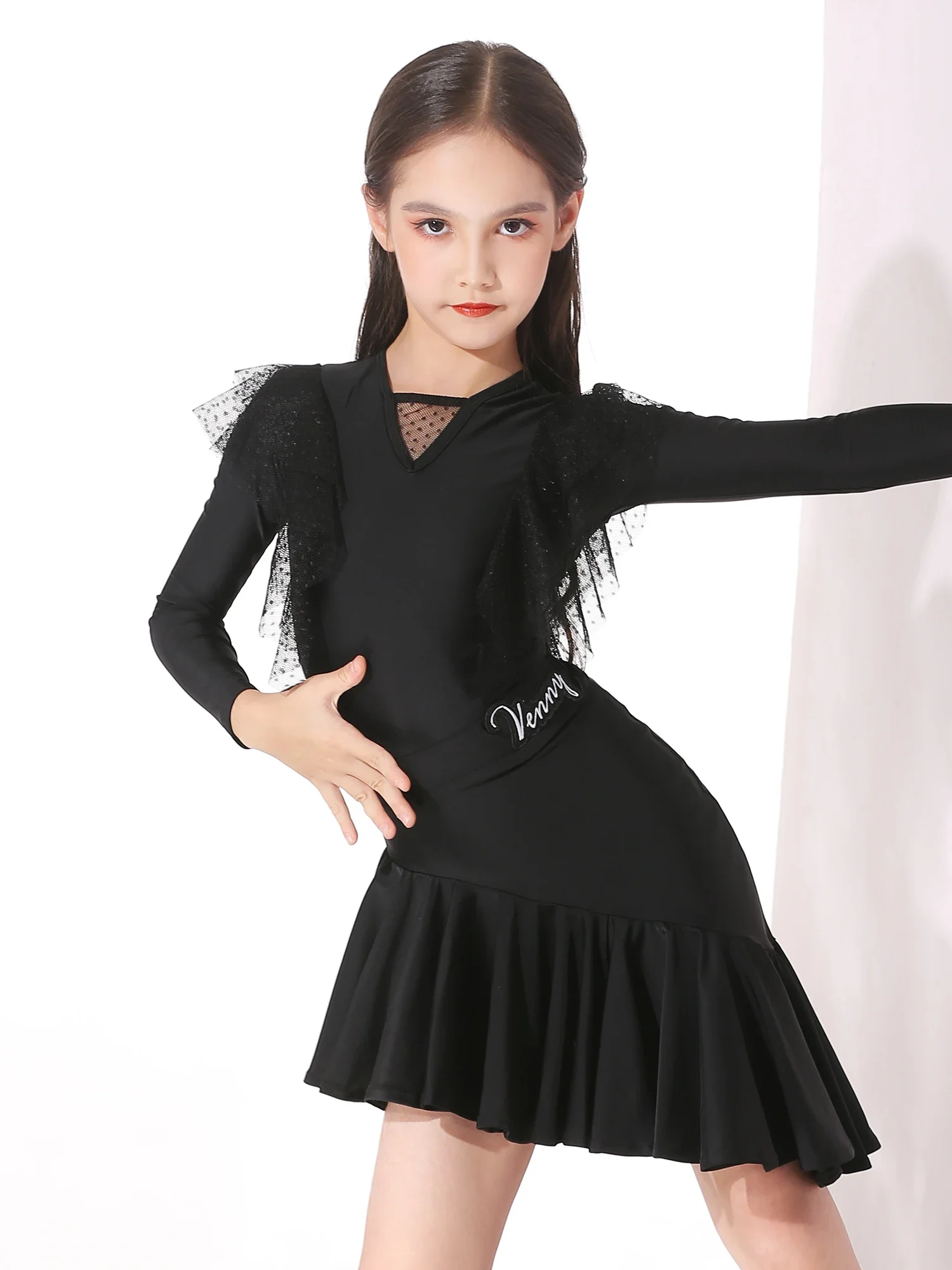 

Vennystyle Latin Dance Dress Women Dance Training Lace Mesh Panels Angled Skirt Sleek Performance Design