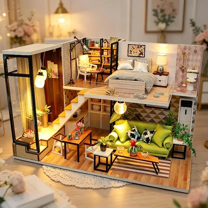 DIY Wooden Romantic Nordic Style Cottage Miniature Dollhouse 3D Puzzle Assembly Model Kits for Adults Birthday Gifts Home Decor