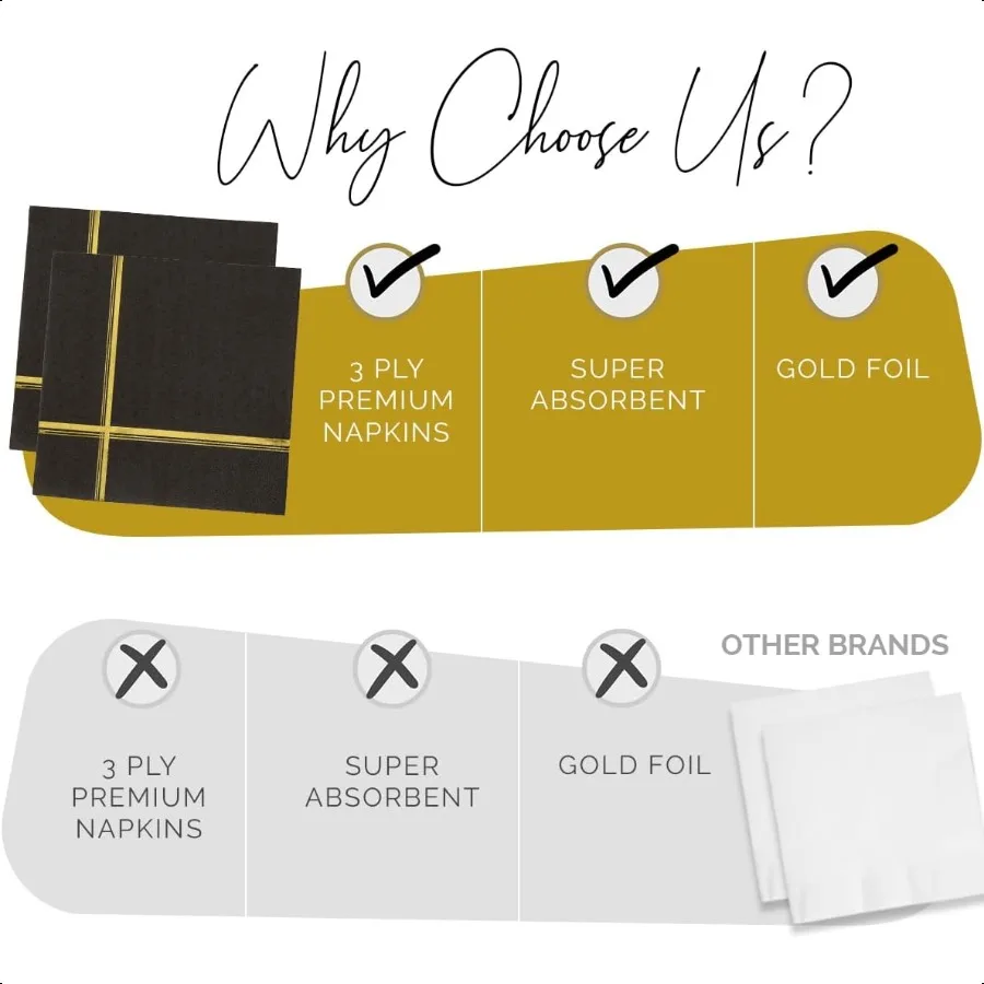 Conjunto de guardanapos pretos e dourados com 100 guardanapos de coquetel e dert de 5 x 5 polegadas com acabamento dourado perfeito para festas de casamento e eventos