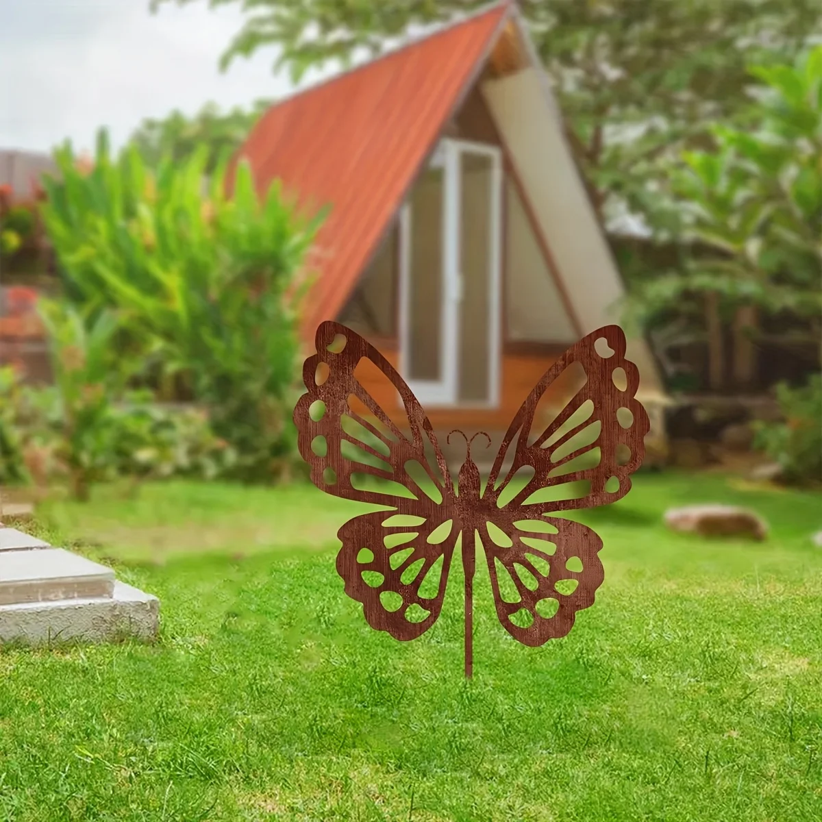 Art Deco Nature Inspired Rusty Metal Butterfly Garden Stake 1Pc 30Cm Weatherproof Balcony Patio Magical Lawn Outdoor Decor