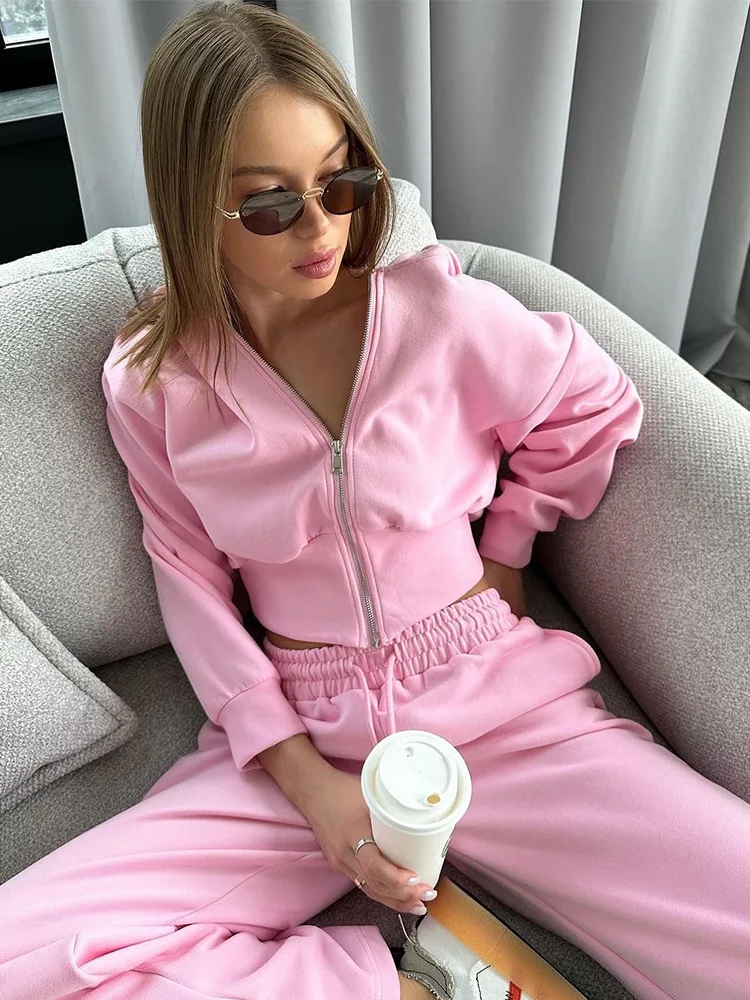 Autumn New  Pants Two-piece Set Casual Women's Suit Long-sleeved Zipper Hooded Sweater Solid Color Lace-upEurope and America