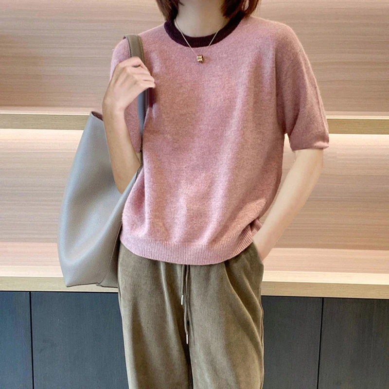 تي شيرت كاجوال مريح من الحرير الجليدي مستدير Ne Knitted ort Sve Base irt تي شيرت صيفي ملون Blo Slimming متعدد الاستخدامات... #1