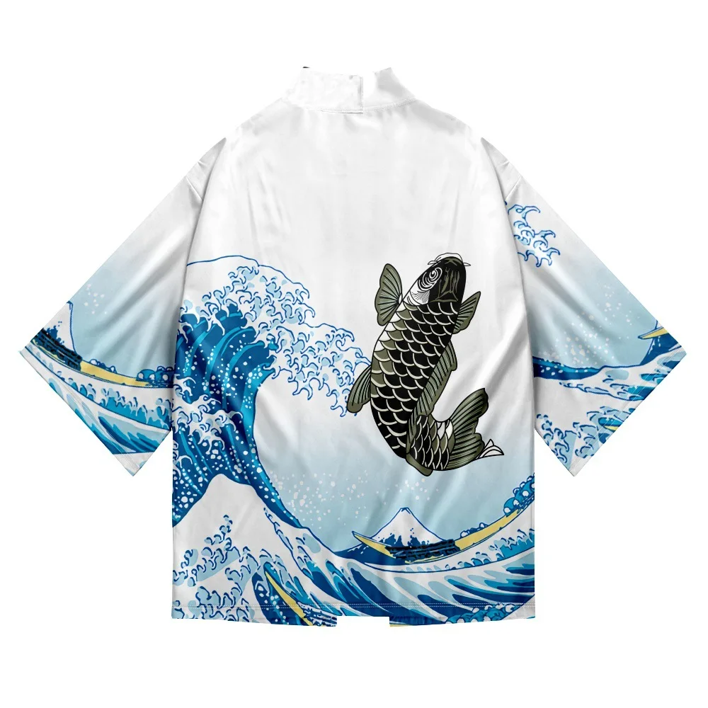 

Women Men Cardigan Beach Yukata Asian Clothing Japanese Wave Carp Print Traditional White Kimono Oversized Cosplay Haori Obi