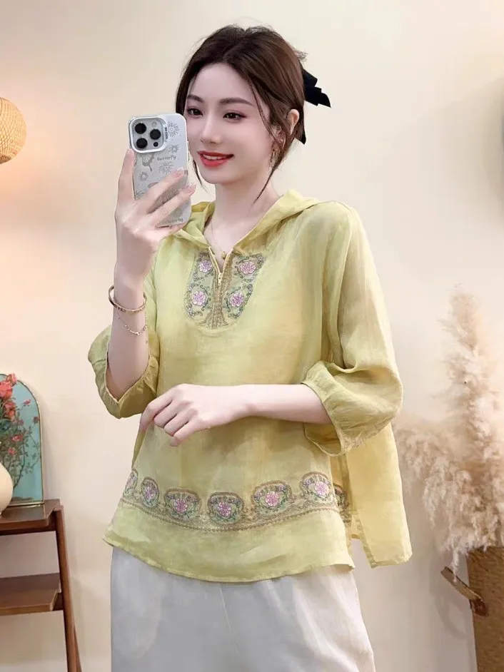 Sommer Neue Hut Gesticktes Flachs Lässige Leichte Chinesische Sle irt Damen Top Match Alle Gerade Röhre ort Sve Mit Kapuze